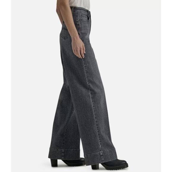 Express Jeans WMNS Sz 10S Washed Black Denim High-Rise Wide Leg Slash Pockets - Picture 2 of 5